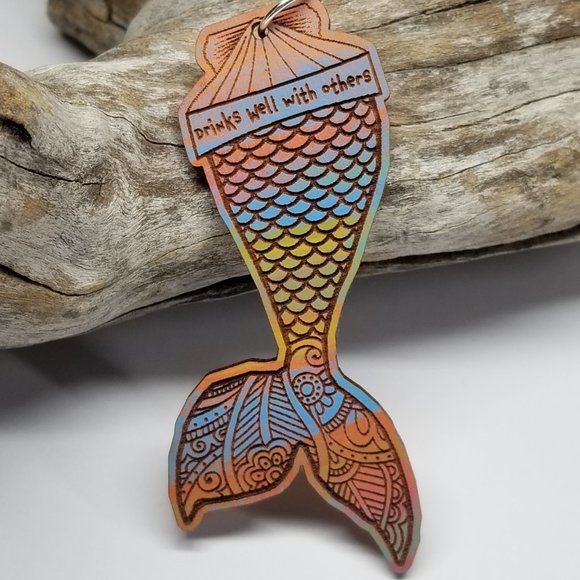 Mermaid Design II  Hand-painted  Solid Cherry Wood with 925 Sterling Silver Loop - Picture 3 of 6